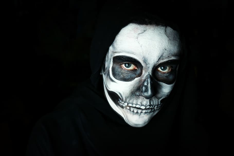 halloween, make up, scary, skull, dark, creepy, portrait, fear, looking at camera, black background