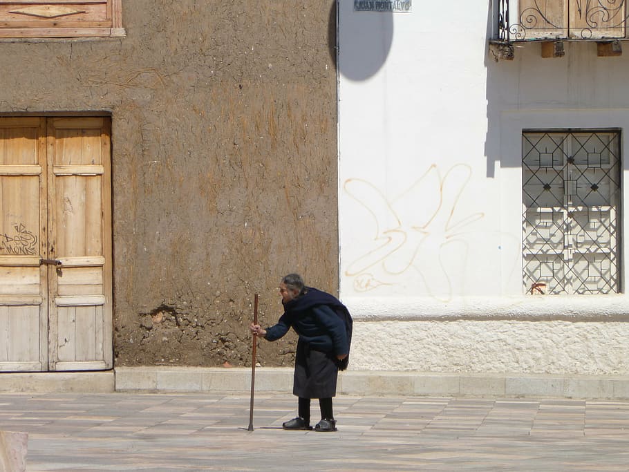 person, walking, street, holding, cane, cuenca, ecuador, travel, scenery, elderly