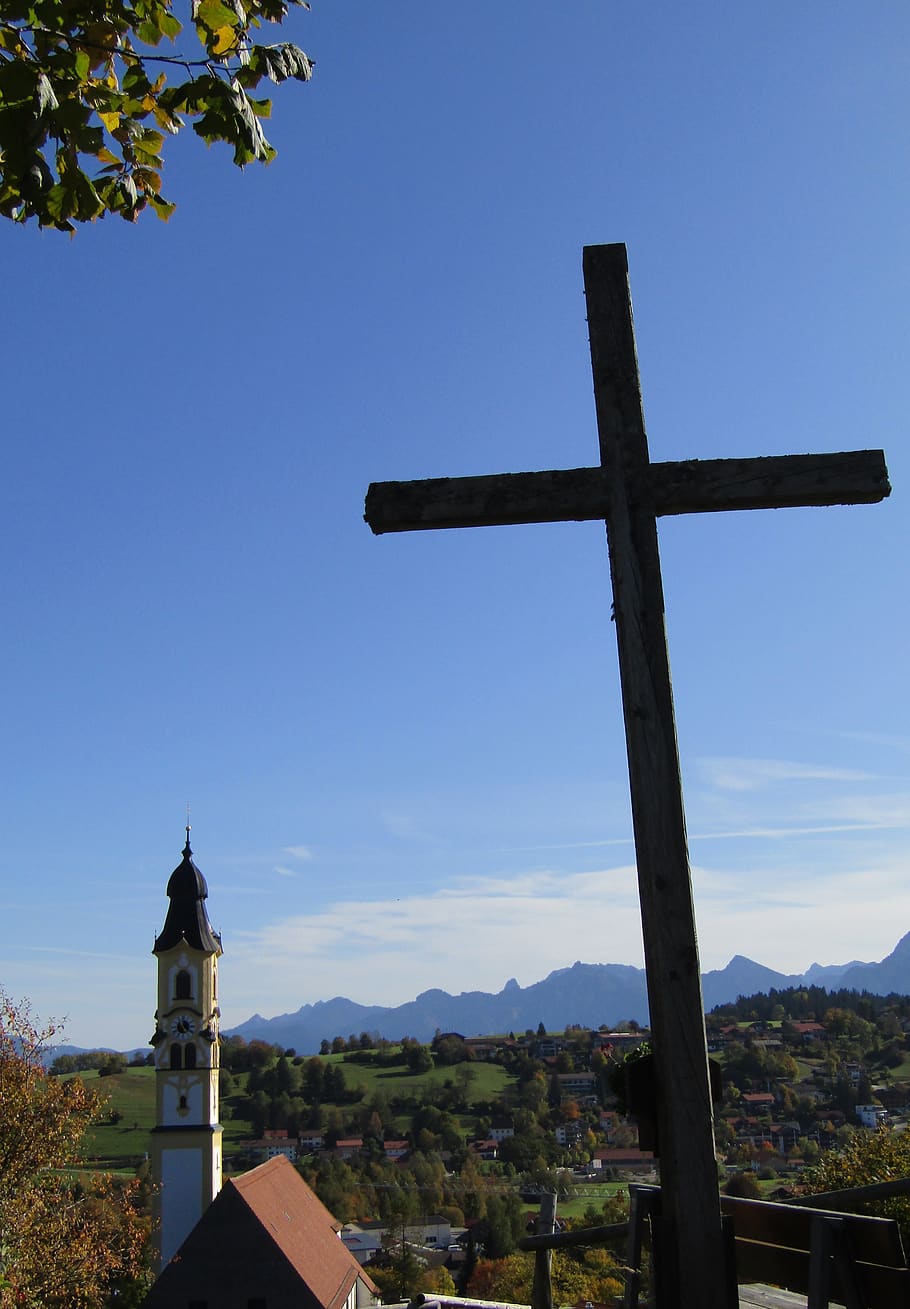 Allgäu, pfronten, pegunungan, st nicholas, pemandangan, pemandangan luas, pohon, musim gugur, Salib, menara gereja