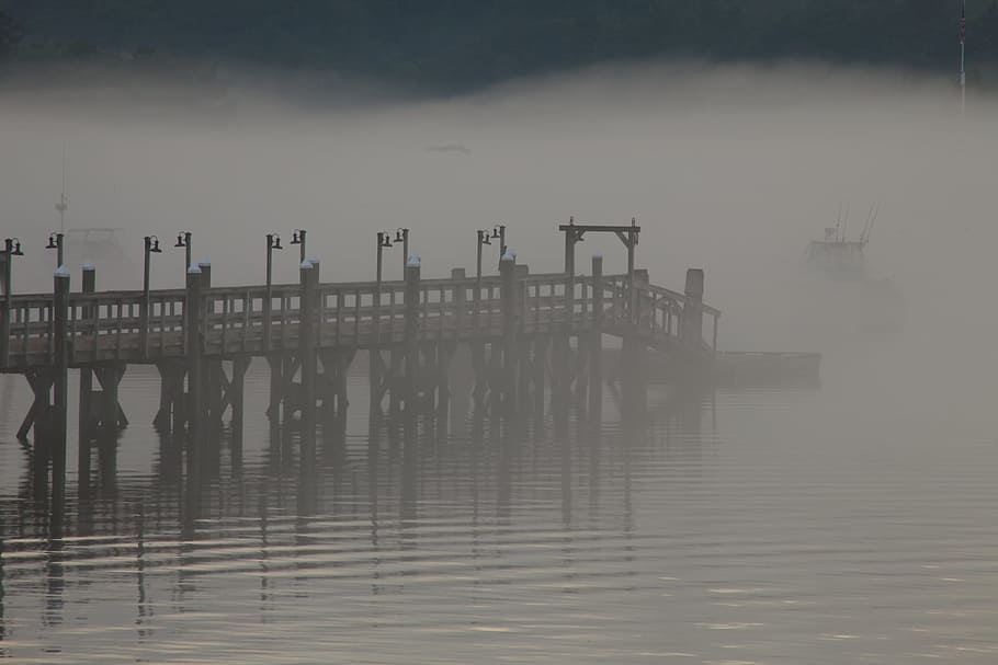 gray, bridge, body, water, untitled, peer, dock, mist, fog, lake
