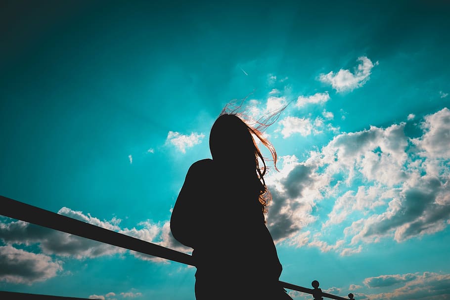 silhouette, woman, semi, cloudy, sky, people, girl, standing, alone, clouds
