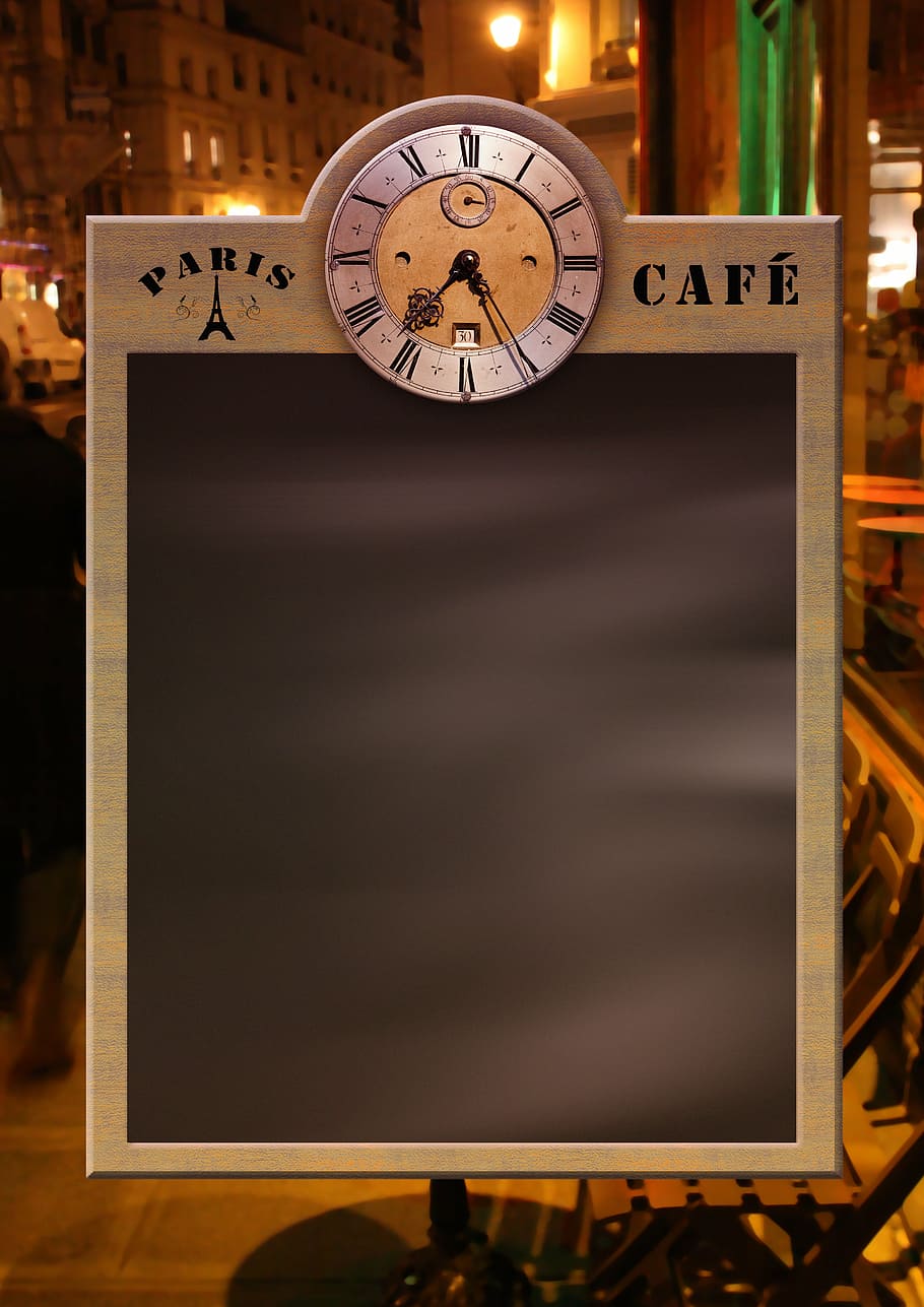 gray, black, paris cafe menu board, menu, board, blackboard, clock, restaurant, cafe, bar