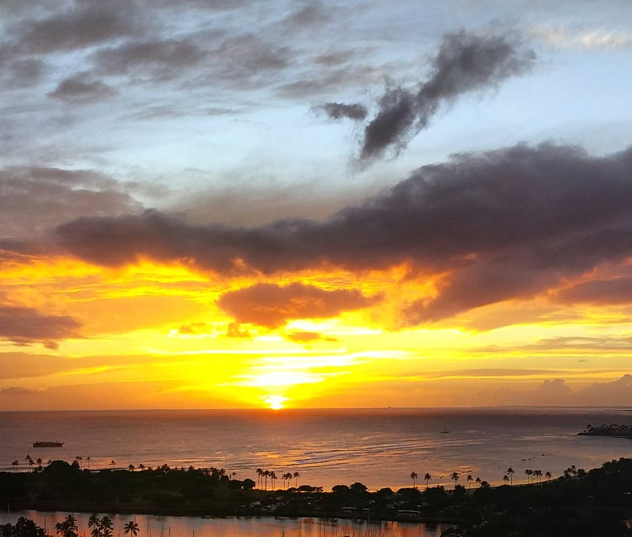puesta de sol, isla, océano, cielo, escénico, paisaje, horizonte, honolulu, hawaii, waikiki