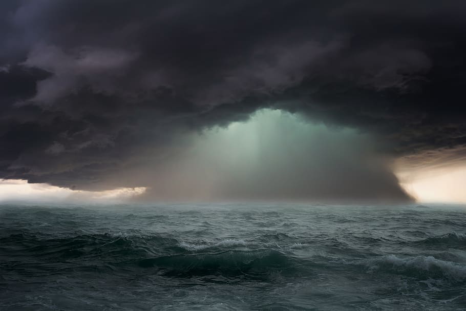 storm, sea, waves, clouds, sky, climate, dark, blue, flash, dramatic