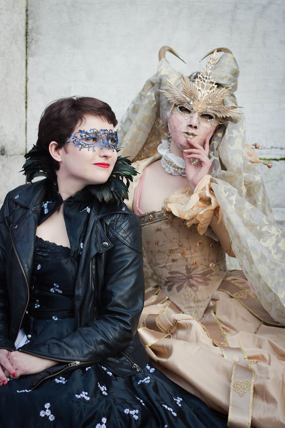 woman, wearing, black, leather jacket, carnival, mask, venice, italian, costume, portrait