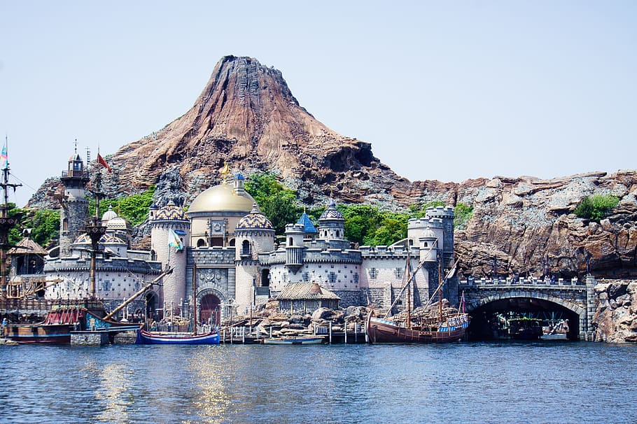 blue, white, castle, sea, white castle, disney, harbor, japan, tokyo, architecture