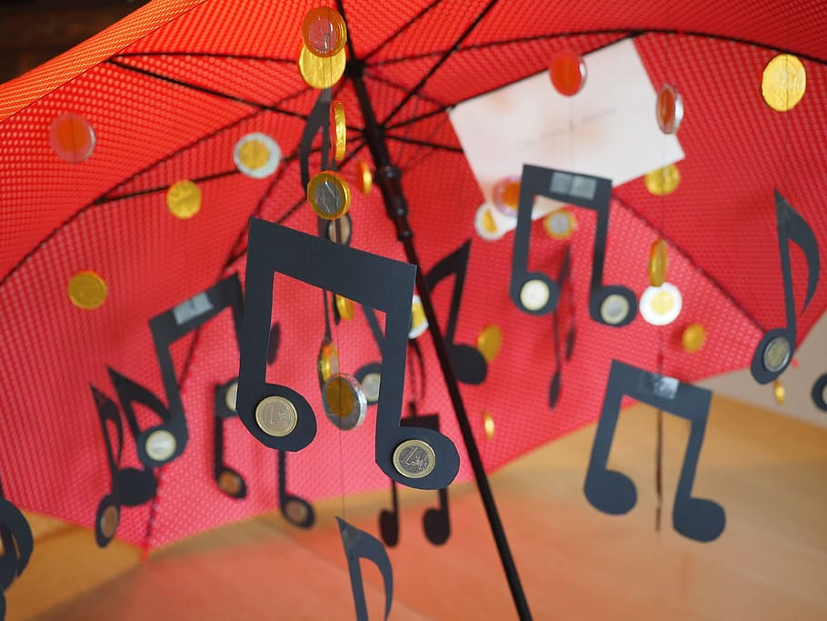 Umbrella, Music, Coins, money rain, thaler, gift, wedding gift, red, music lovers, indoors