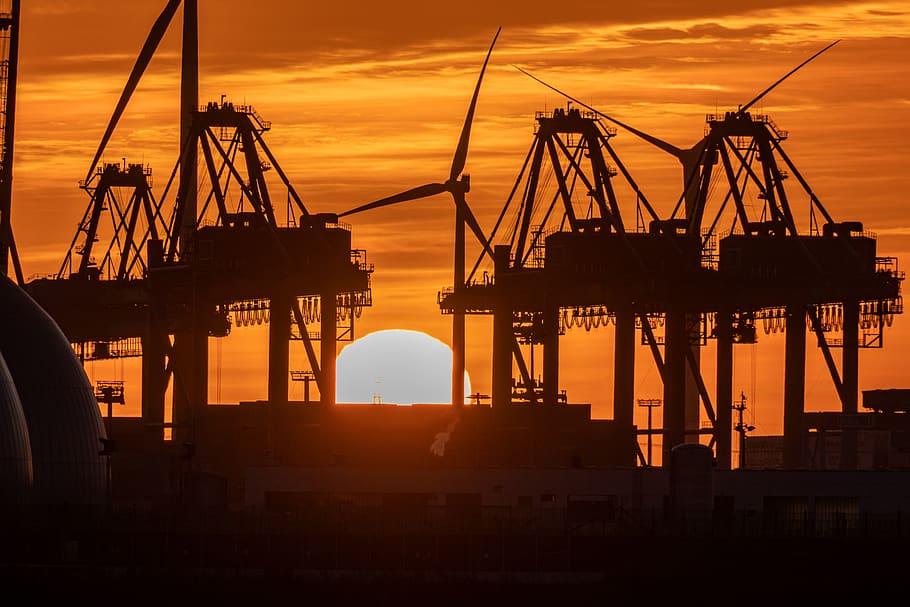 hamburg, port, lights, elbe, northern germany, architecture, container, city, harbour cranes, sunset