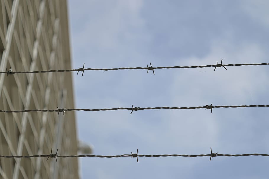 selective, focus photography, barbwire, prison, metal, barrier, mesh, steel, cage, security