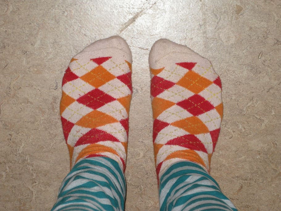 feet, socks, checkered, striped, pants, colorful, color, pattern, red, orange