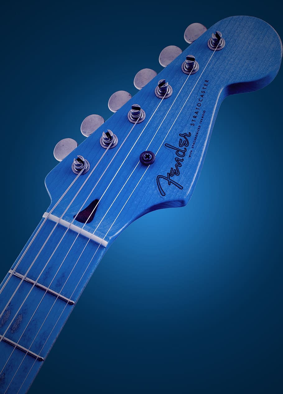 blue, fender stratocaster, electric, guitar headstock, guitar, glowing, style, rock, instrument, acoustic