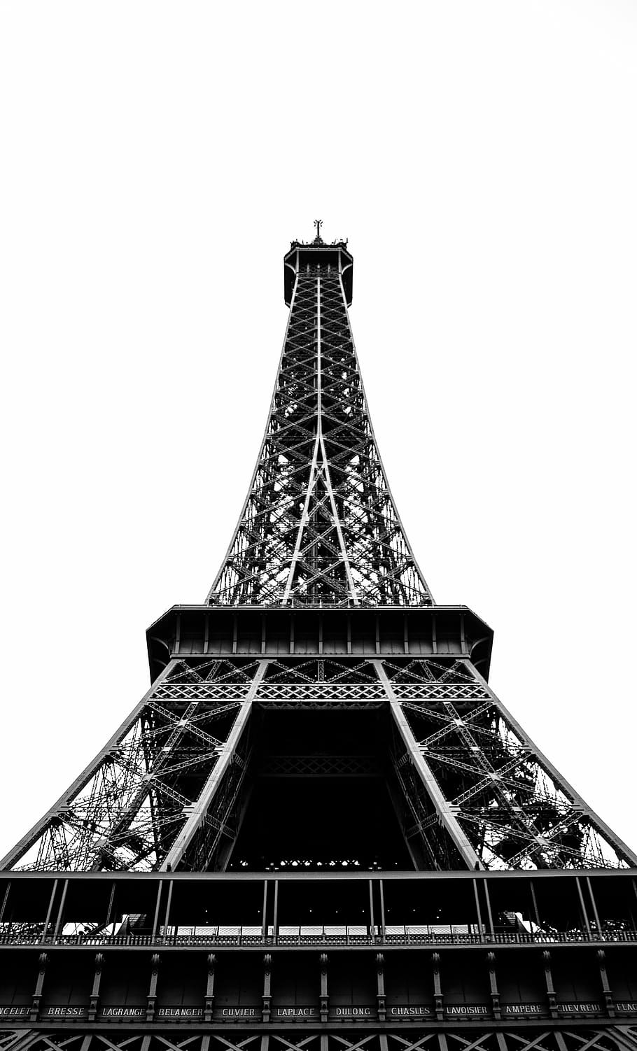 gusano, vista de ojo, arquitectura, edificio, infraestructura, Eiffel, torre, punto de referencia, blanco y negro, rascacielos