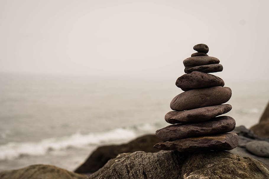selective, focus photograph, balance stone, balance, stone, nature, meditation, beach, stacked, silent
