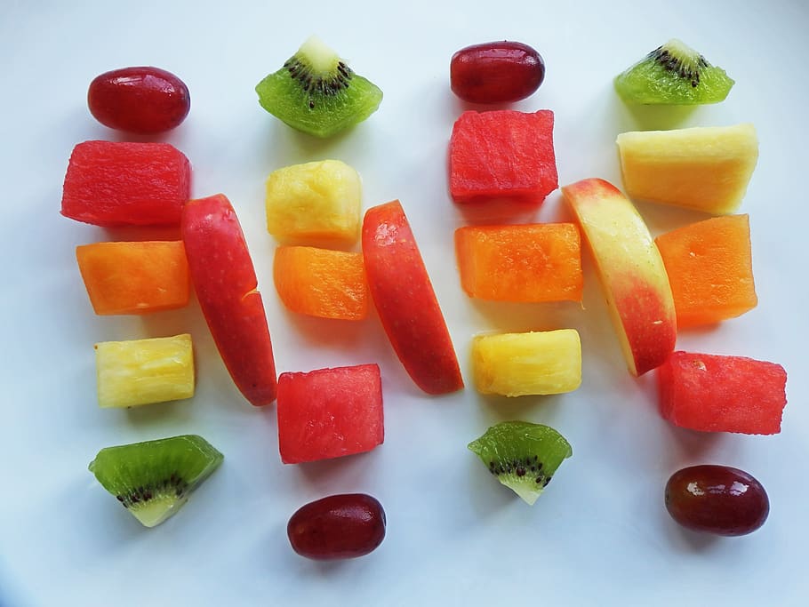 fruit, healthy, apple, grape, watermelon, cantaloupe, pineapple, kiwi, plate, purple