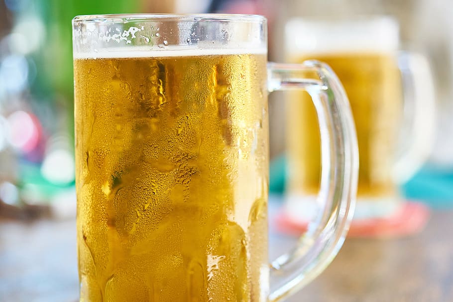 clear, glass mug, filled, beer, beverage, glass, yellow, cup, bar, night life