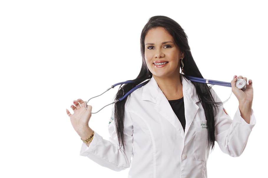 wanita, putih, kemeja, memegang, stetoskop, menyusui, perawat, prom, latar belakang putih, foto studio