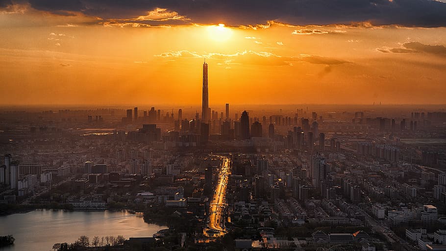 воздушный, фотография, линия горизонта города, закат солнца, Тяньцзинь, сумерки, город, декорации, Туризм, Башня