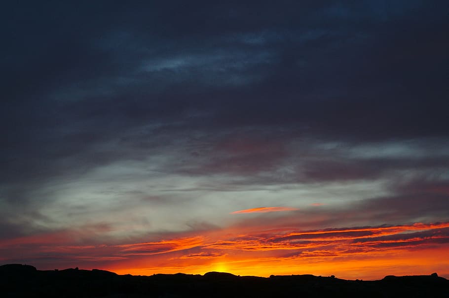 sunrise, silhouette, mountain, dark, orange, sunset, sky, clouds, nature, landscape