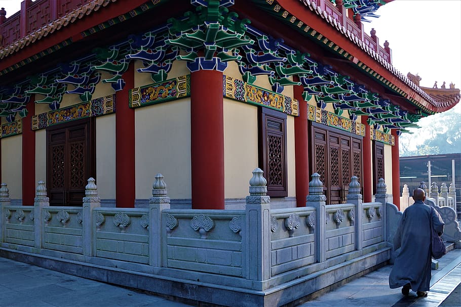 architecture, travel, ornament, wood, monk, religion, monastery, lantau, hong kong, tien tan