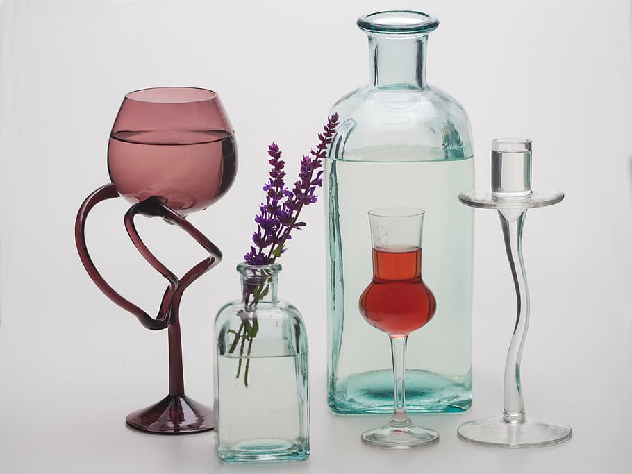 clear glass vases, still life, flower, bottles, chalices, glasses, bottle, studio shot, liquid, drinking glass