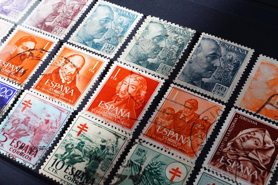 postage stamp collection, stamps, stamp collection, collection, philately, post, spain, spanish stamps, close-up, number