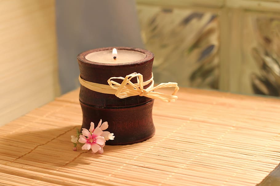 brown, wooden, candle holder, candle, bamboo, flame, flower, wellness, bamboo mat, light