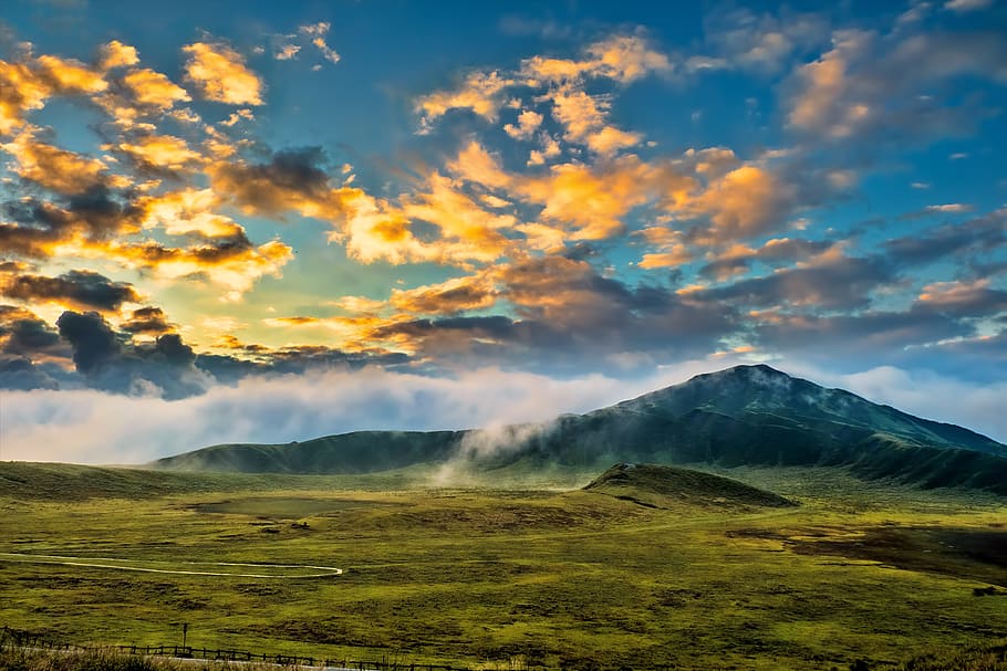 green grass field, japan, aso, kumamoto, cloud, volcano, light, asahi, sky, natural