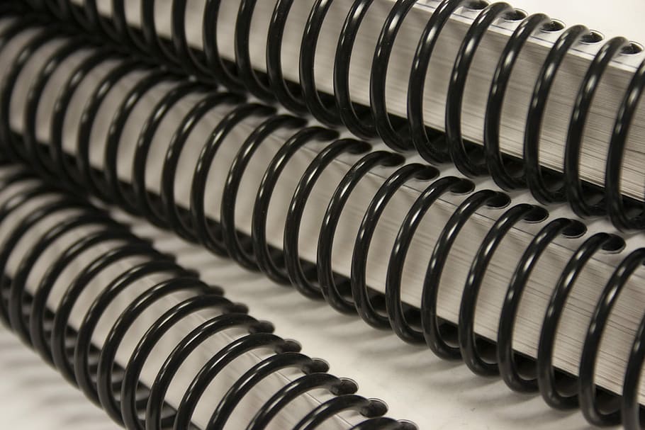 coils, manuals, business, binding, spiral, close-up, indoors, selective focus, in a row, order