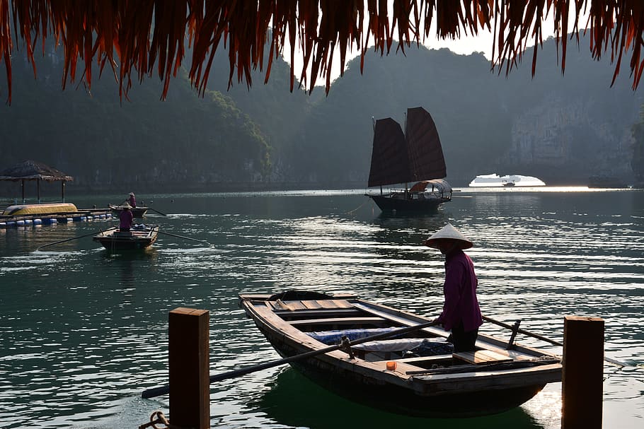 man rowing boat, Ha Long Bay, Vietnam, Travel, Cruise, nautical Vessel, sea, water, nature, vacations