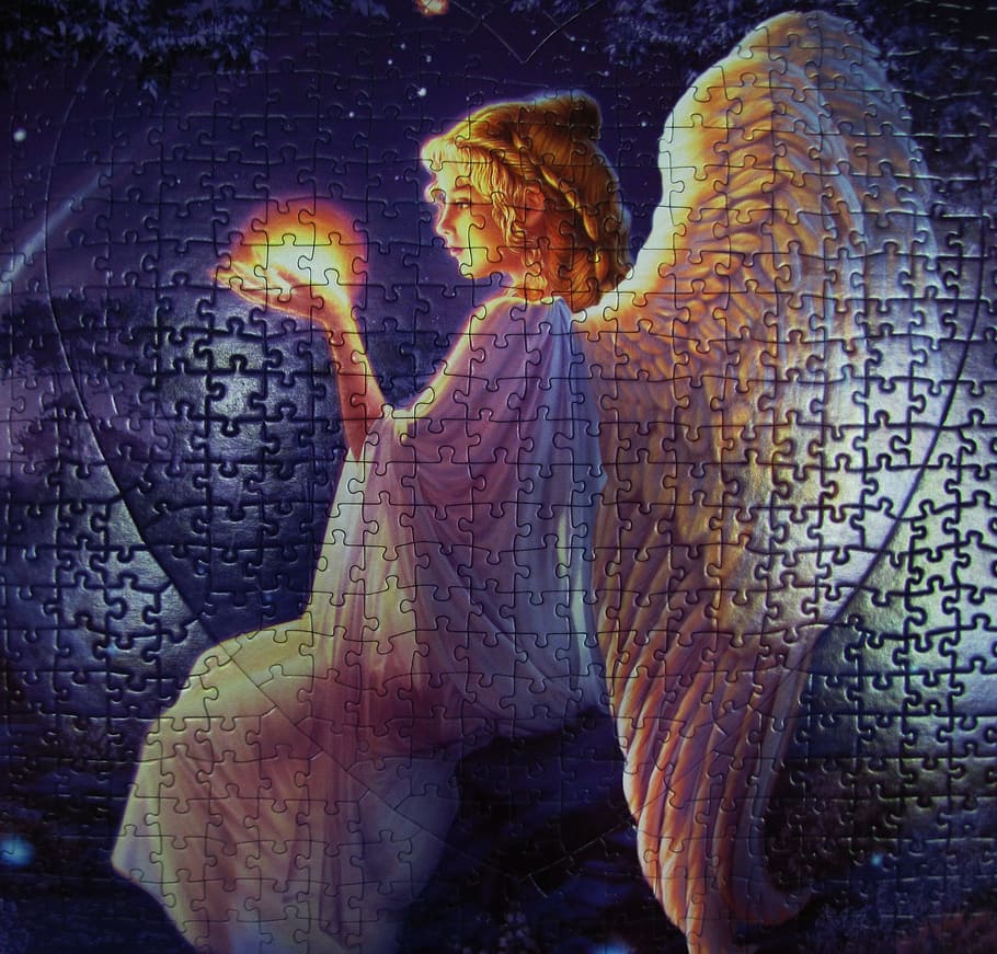 angel jigsaw puzzle, puzzle, play, light messenger, wing, piecing together, adult, real people, two people, creativity