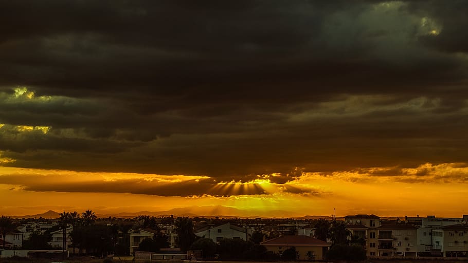 cyprus, paralimni, town, stormy clouds, autumn, sunset, dark, sunbeam, sunlight, landscape