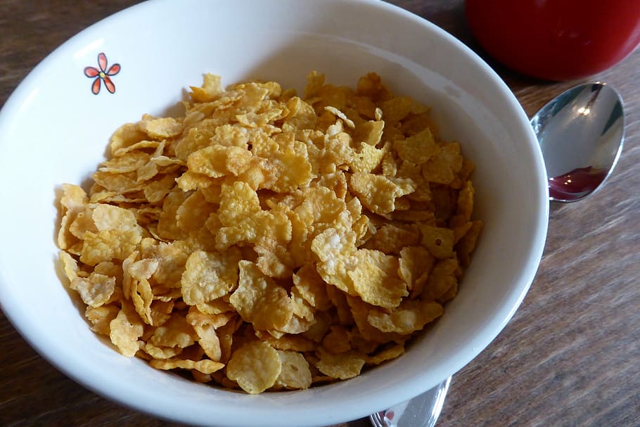 cornflakes on bowl, breakfast, cornflakes, cereal bowl, eat, food, crispy, delicious, cereals, healthy