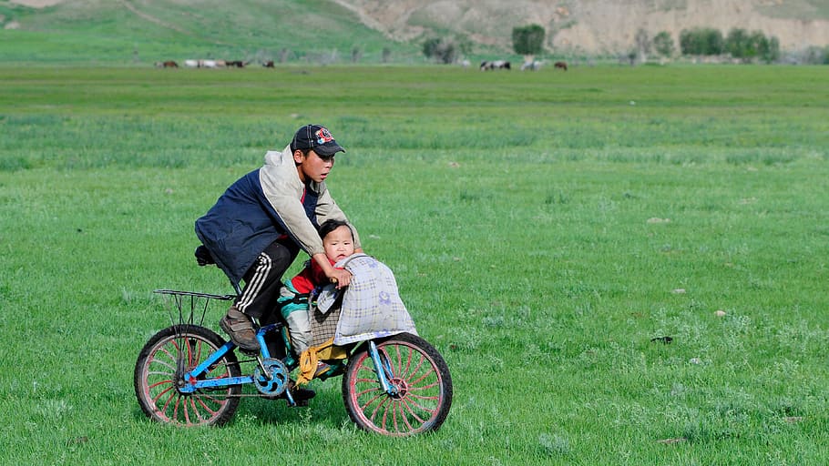 mongólia, irmãos, paisagem, mobilidade, bicicleta, duas pessoas, grama, homens, criança, planta