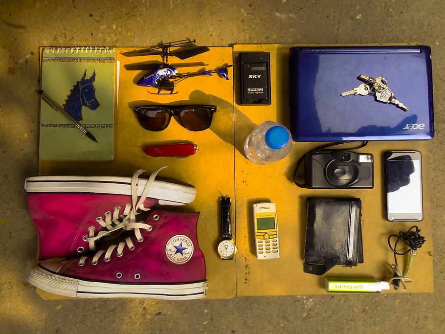 flat, lay, photography, laptop, camera, watch, high-top sneakers, steno notebook, candybar phone, shoes