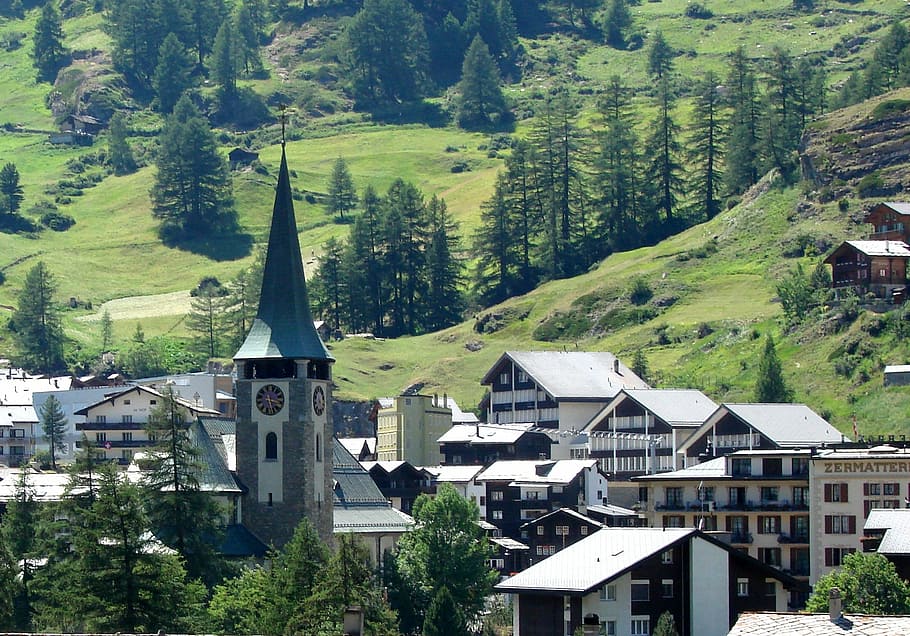 zermatt, switzerland, matterhorn, alps, village, cottages, green, church, alpine, scenery