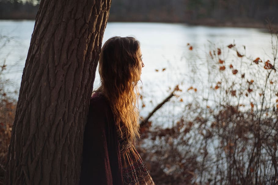wood, tree, grass, people, person, woman, girl, thinking, outdoor, nature