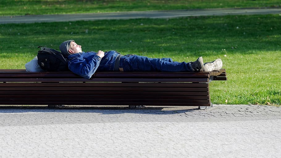 man, person, stretched, the horizontal, bank, sleeping, park, relaxation, alley, paved