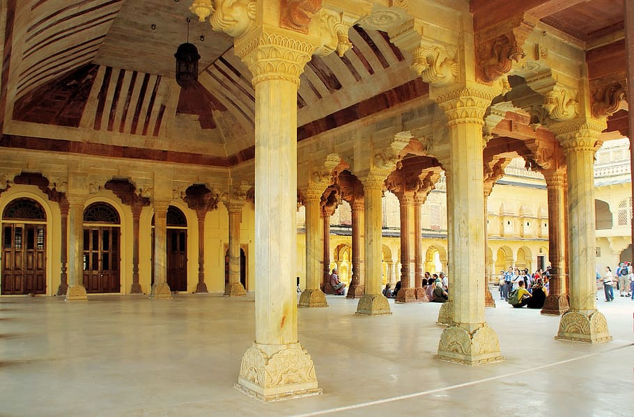 india, amber, palace, architecture, columns, hall, heritage, monument, famous Place, islam