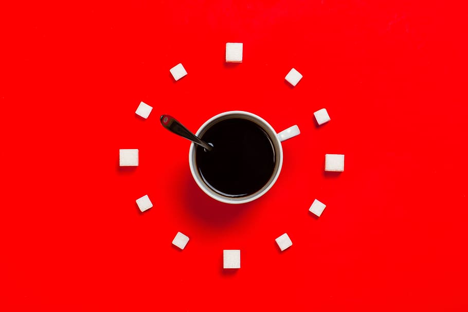 time, management, cup, spoon, clock, coffee, food, food and drink, red, directly above