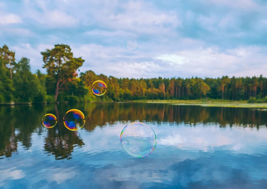 bubble, calm, body, water, bubbles, floating, top, lake, day, time