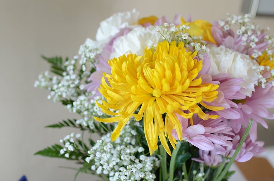 flowers, bouquet, yellow, pink, white, chrysanthemums, lavender, baby's breath, flower, petal