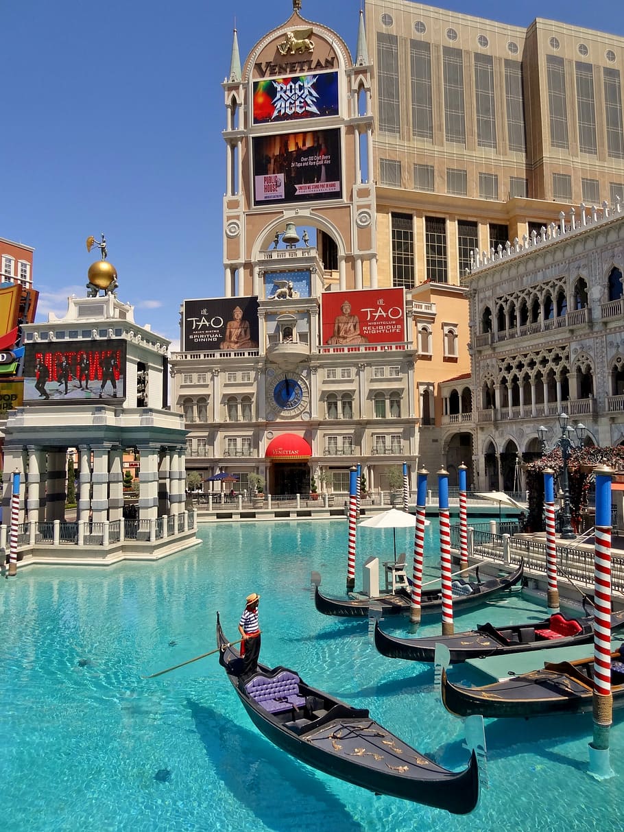 Usa, Las Vegas, Amerika, Amerika Serikat, tempat-tempat menarik, arsitektur, bangunan, gondola - perahu tradisional, kanal, tujuan perjalanan