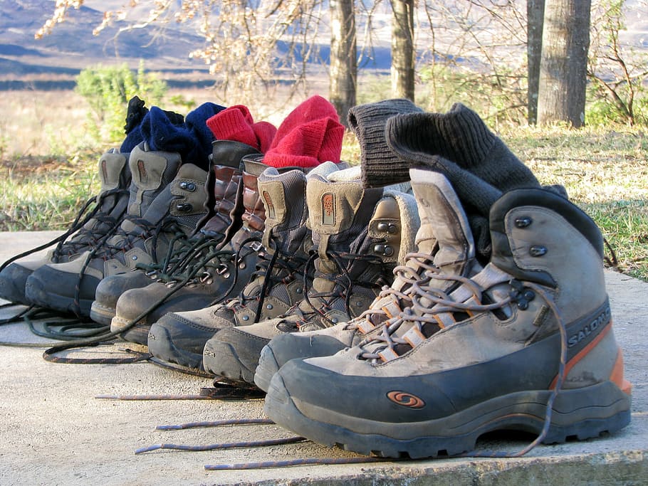 assorted, pairs, hiking, shoes, concrete, pavement, park, nature, man, outdoors