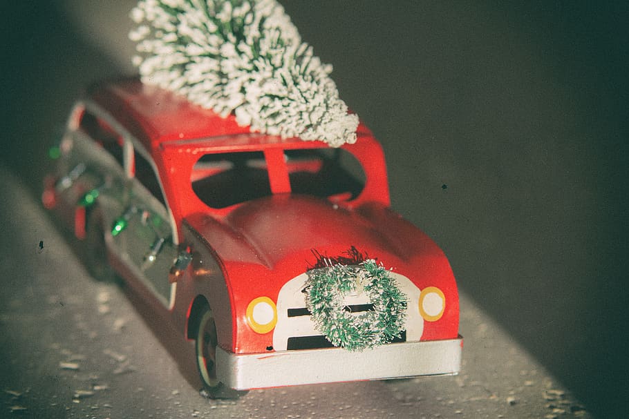 car, christmas, decoration, christmas tree, snow, winter, retro, december, celebration, transportation