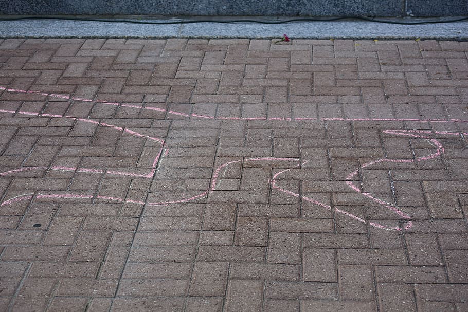 brown concrete pavement, chalk, outline, street, man, human, drawing, sketch, person, body