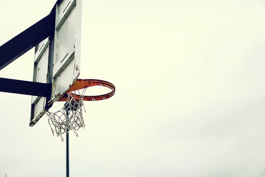 white, orange, basketball ring, basket, basketball, basketball hoop, high, lamppost, net, outdoors