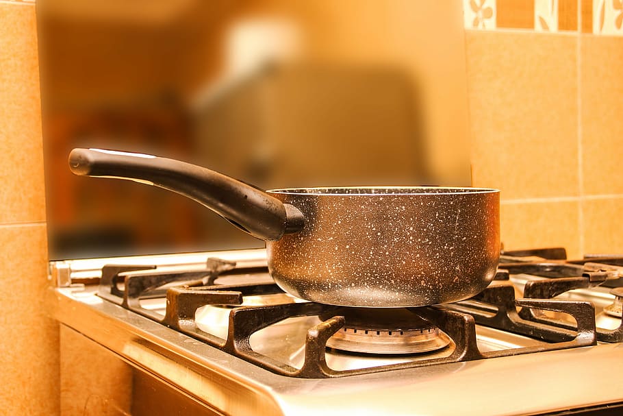 black, cooking pot, gas range oven, pan, stove, fire, boiling water, kitchen, heat - Temperature, domestic Kitchen