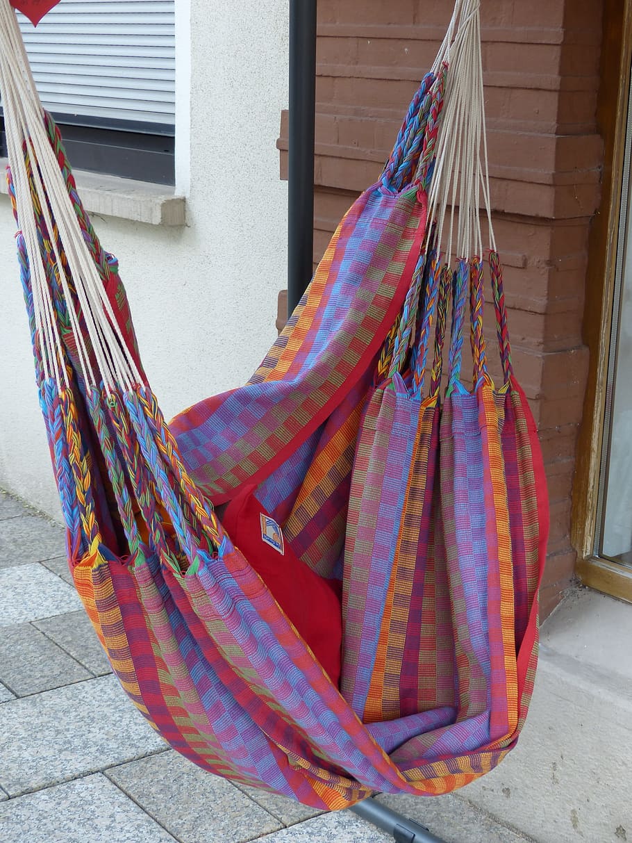 Chair, Rest, Relax, Cozy, hanging chair, sleep, hanging, multi colored, day, outdoors