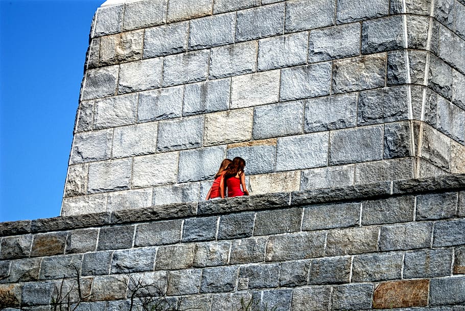 Best Friends, Whispering, Stone Wall, monument, girls, children, high point, red, architecture, built structure