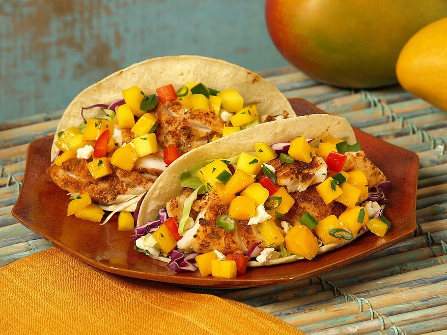 two, tacos food dish, brown, plate, mango catfish taco, taco, cooking, mexican, sauce, food
